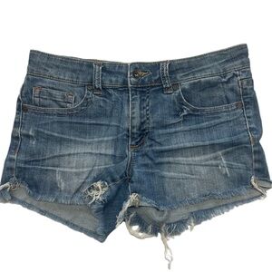 Special A size medium dark faded blue distressed denim exposed pockets shorts